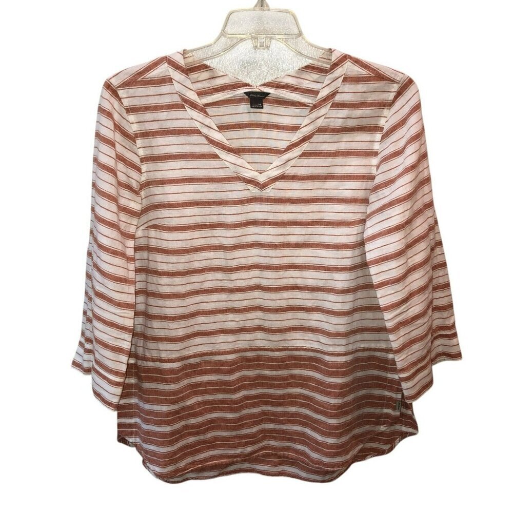Eddie Bauer Womens Medium Rust Red Striped Linen Blend Minimalist Top Shirt M